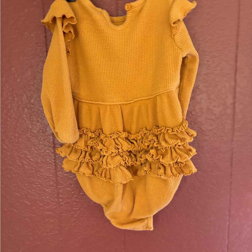 RuffleButts  12-18 Month Mustard Yellow Baby Romper